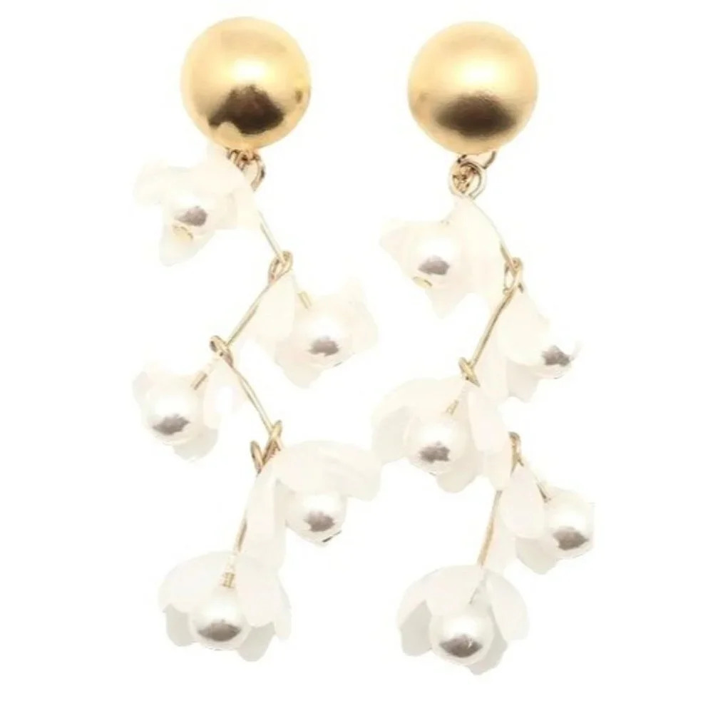Gold and White Floral Drop Earrings